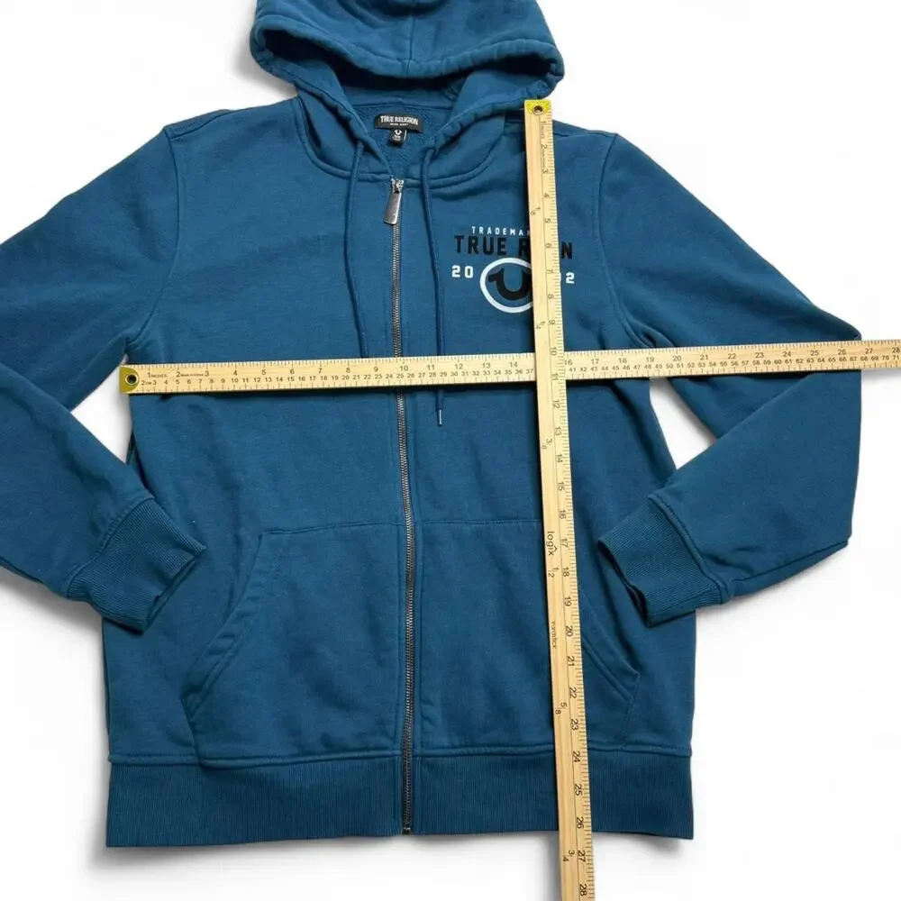 True Religion Blue Zip Hoodie Graphic Logo Sweatshirt Mens Medium